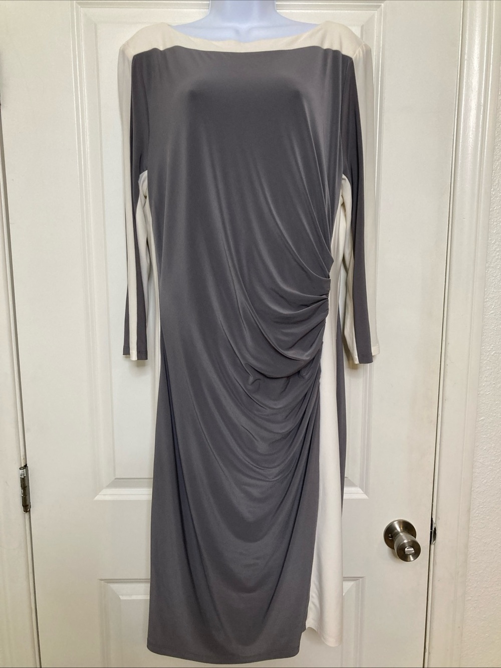 Lauren Ralph Lauren Ruched Sheath Dress Color Block Gray Ivory Quiet Luxury 18